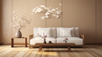 A white loveseat adorned with plush cushions and a delicate vase of white flowers gracefully adorning the wall creates a serene and inviting atmosphere in the room