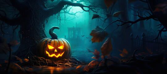 Fototapeta na wymiar Jack O'Lantern in Dark Graveyard at Night. Halloween Background Banner