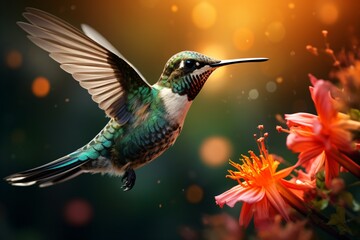 Fototapeta premium exotic colibri, hummingbird on a flower, tropic garden with beautiful multicolor bird
