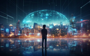 Artificial intelligence looking at smart city, AI control city infrastructure, data traffic, ensure safety. World communication