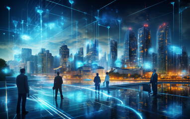 Artificial intelligence looking at smart city, AI control city infrastructure, data traffic, ensure safety. World communication