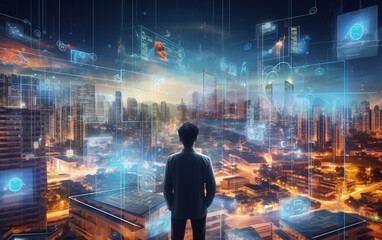 Artificial intelligence looking at smart city, AI control city infrastructure, data traffic, ensure safety. World communication