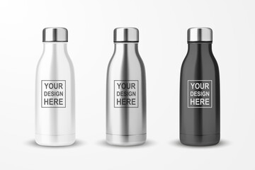 Vector Realistic 3d White, Silver and Black Empty Glossy Metal Reusable Water Bottle with Silver Bung Set Closeup Isolated on White Background. Design template of Packaging Mockup. Front View