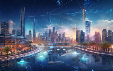 Fototapeta premium Artificial intelligence looking at smart city, AI control city infrastructure, data traffic, ensure safety. World communication