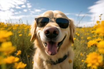A close-up of a happy dog's face with a silly expression. The dog is a golden retriever, and it is wearing a pair of oversized sunglasses. The dog has its tongue hanging out of its mouth, and it is lo