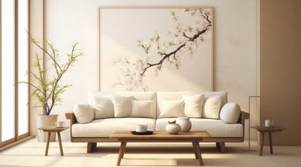 A pristine white couch with plump pillows, a cozy coffee table, and a captivating painting adorning the wall create a luxurious and inviting atmosphere in any room
