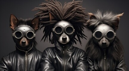 A pack of daring dogs, adorned in their mysterious black leather jackets and goggles, make a striking statement as they stand masked and ready to take on the world