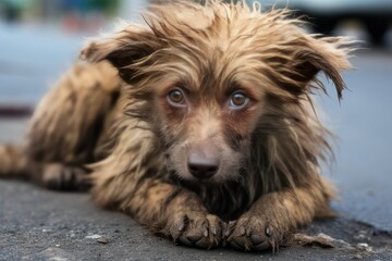 A close-up of a stray dog with thick, matted fur. The dog is sitting on a dirty sidewalk, and it looks tired and hungry. The dog's fur is a dirty brown color, and it is covered in burrs and twigs. 