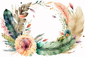 Foto op Plexiglas Watercolor floral boho illustration - wreath with colorful green leaves  feather %26 vivid flowers  for wedding stationary  greetings  wallpapers  fashion  backgrounds  textures  DIY  wrappers  cards. © VSzili