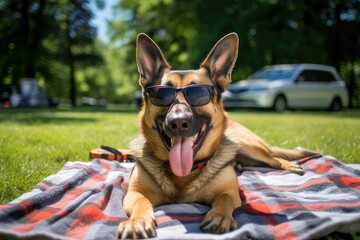 German Shepherd Dog in Silly Sunglasses Wearing a Goofy Expression on a Hot Summer Day
