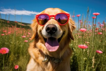 A golden retriever dog with a silly grin on its face is sitting in a field of wildflowers on a sunny summer day. The dog is wearing a pair of oversized, bright red sunglasses 