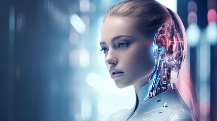 An image of a futuristic AI android robot alongside a female cyborg, showcasing advanced technology and the concept of AI chatbot ChatGPT.