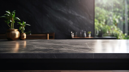  A dark marble table, ready for product display in a contemporary kitchen, with a blurred background, creating a stylish setting.Mockup