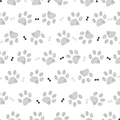 Grey doodle paw prints with bones pattern. Seamless fabric design pattern - 644617996