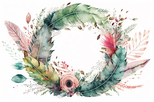 Watercolor floral boho illustration - wreath with colorful green leaves feather %26 vivid flowers for wedding stationary greetings wallpapers fashion backgrounds textures DIY wrappers cards. © VSzili