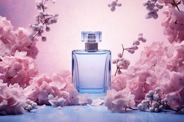 Obraz na płótnie Canvas A delicate perfume is surrounded by a vibrant burst of pink flowers, creating a fragrant and romantic atmosphere