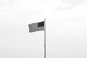 A lone flag flutters in the foggy sky, standing tall and proud against the backdrop of dark clouds and a solitary pole