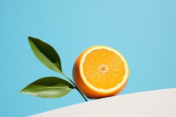 The vibrant orange of the half-peeled citrus fruit is accented by its lush green leaves, evoking a feeling of sunny warmth and juicy sweetness