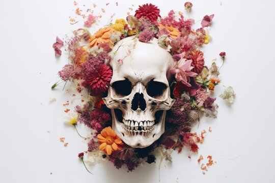 A macabre yet beautiful scene of a skull delicately adorned with vibrant flowers encapsulates the dichotomy between life and death