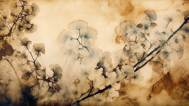 Abstract autumn background in vintage style. Chemigram and photogram image created using Generative AI technology.