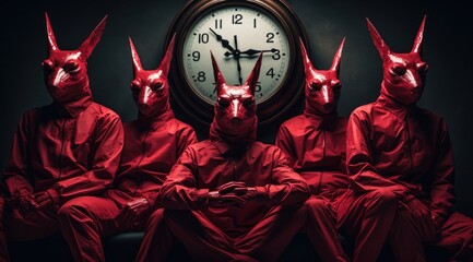 A crowd of individuals cloaked in red masks, standing still like statues in a room illuminated by the ticking of a clock, encapsulate a mysterious yet beautiful scene