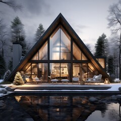 Fototapeta premium On a cold winter day, the majestic silhouette of a house with a triangular roof stands out against the grey sky, its white walls and blue pool reflecting the surrounding trees covered in a blanket of