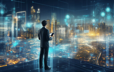 Artificial intelligence looking at smart city, AI control city infrastructure, data traffic, ensure safety. World communication 