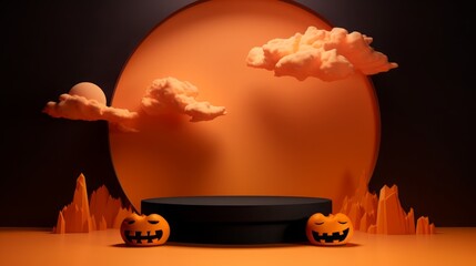 Halloween podium background pumpkin product platform scene display. Background orange autumn podium 3D render scary party spooky fall, happy halloween mockup abstract studio pedestal. Generative AI
