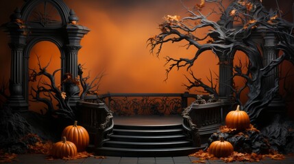 Halloween podium background pumpkin product platform scene display. Background orange autumn podium 3D render scary party spooky fall, happy halloween mockup abstract studio pedestal. Generative AI