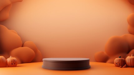 Halloween podium background pumpkin product platform scene display. Background orange autumn podium 3D render scary party spooky fall, happy halloween mockup abstract studio pedestal. Generative AI