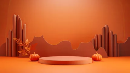 Tafelkleed Halloween podium background pumpkin product platform scene display. Background orange autumn podium 3D render scary party spooky fall, happy halloween mockup abstract studio pedestal. Generative AI © Максим Зайков