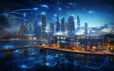 Naklejka premium Artificial intelligence looking at smart city, AI control city infrastructure, data traffic, ensure safety. World communication 