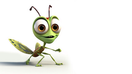 Cute grasshopper cartoon isolated on white background. 3d rendered illustration of a grasshopper cartoon character with white background. Animated movie character design. Animation digital art style.