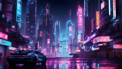  futuristic, cyberpunk-inspired cityscape at night, with neon lights and holographic advertisements glowing brightly