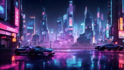  futuristic, cyberpunk-inspired cityscape at night, with neon lights and holographic advertisements glowing brightly
