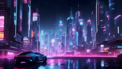  futuristic, cyberpunk-inspired cityscape at night, with neon lights and holographic advertisements glowing brightly
