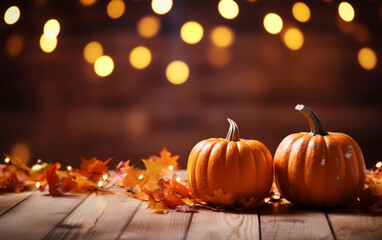 Fototapeta premium Autumn pumpkin with candles, maple leaves on blurred bokeh lights orange background with copy space. Wooden table. Halloween