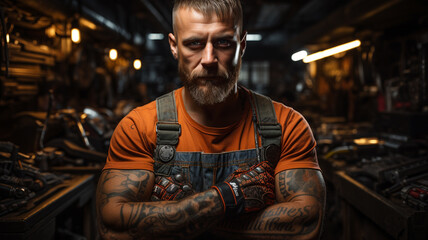 brutal male tattooed mechanic posing with crossed hands