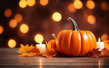 Autumn pumpkin with candles, maple leaves on blurred bokeh lights orange background with copy space. Wooden table. Halloween