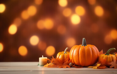 Naklejka na ściany i meble Autumn pumpkin with candles, maple leaves on blurred bokeh lights orange background with copy space. Wooden table. Halloween