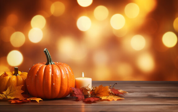 Autumn pumpkin with candles, maple leaves on blurred bokeh lights orange background with copy space. Wooden table. Halloween