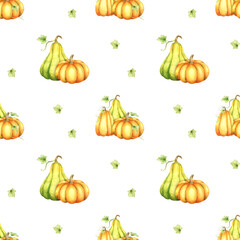 Ripe orange and green pumpkins and leaves. Farm organic autumn vegetables. Autumn decoration. Watercolor seamless pattern. For fabric, wrapping paper, scrapbooking, postcards, invitations, cards