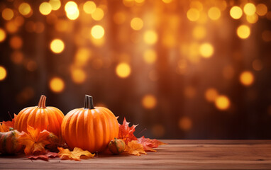 Naklejka na ściany i meble Autumn pumpkin with candles, maple leaves on blurred bokeh lights orange background with copy space. Wooden table. Halloween
