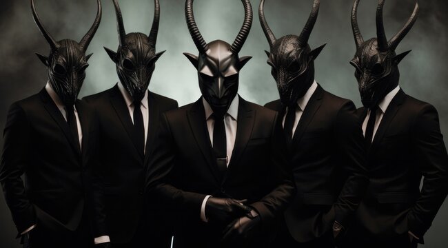 A mysterious group of masked men in sleek black suits stands silently, hinting at a hidden agenda and an air of danger - Powered by Adobe
