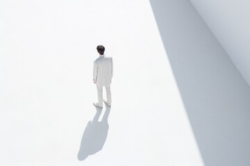 Obraz premium A lone man stands in the shadows wearing a crisp white suit, exuding a sense of confidence and style