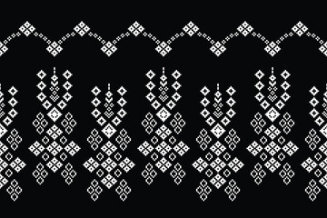Fototapeta premium Ethnic geometric fabric pattern Cross Stitch.Ikat embroidery Ethnic oriental Pixel pattern black background. Abstract,vector,illustration. Texture,clothing,frame,decoration,motifs,silk wallpaper.