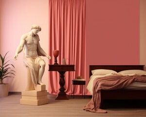 A woman stands in a sunlit bedroom, her figure outlined against the wall adorned with furniture and decor, a statuesque presence among the bed, pillow, vase, curtain, carpet, and floor