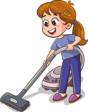 Happy smiling little girl character cleaning house floor with vacuum
