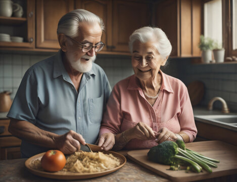 Old couple cooking together in kitchen. Happiness. White mature couple. European couple. Generative AI