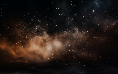 Background flying dust grains in a dark room with a dark dark background, Empty walls,  particles lights, smoke, glow, rays